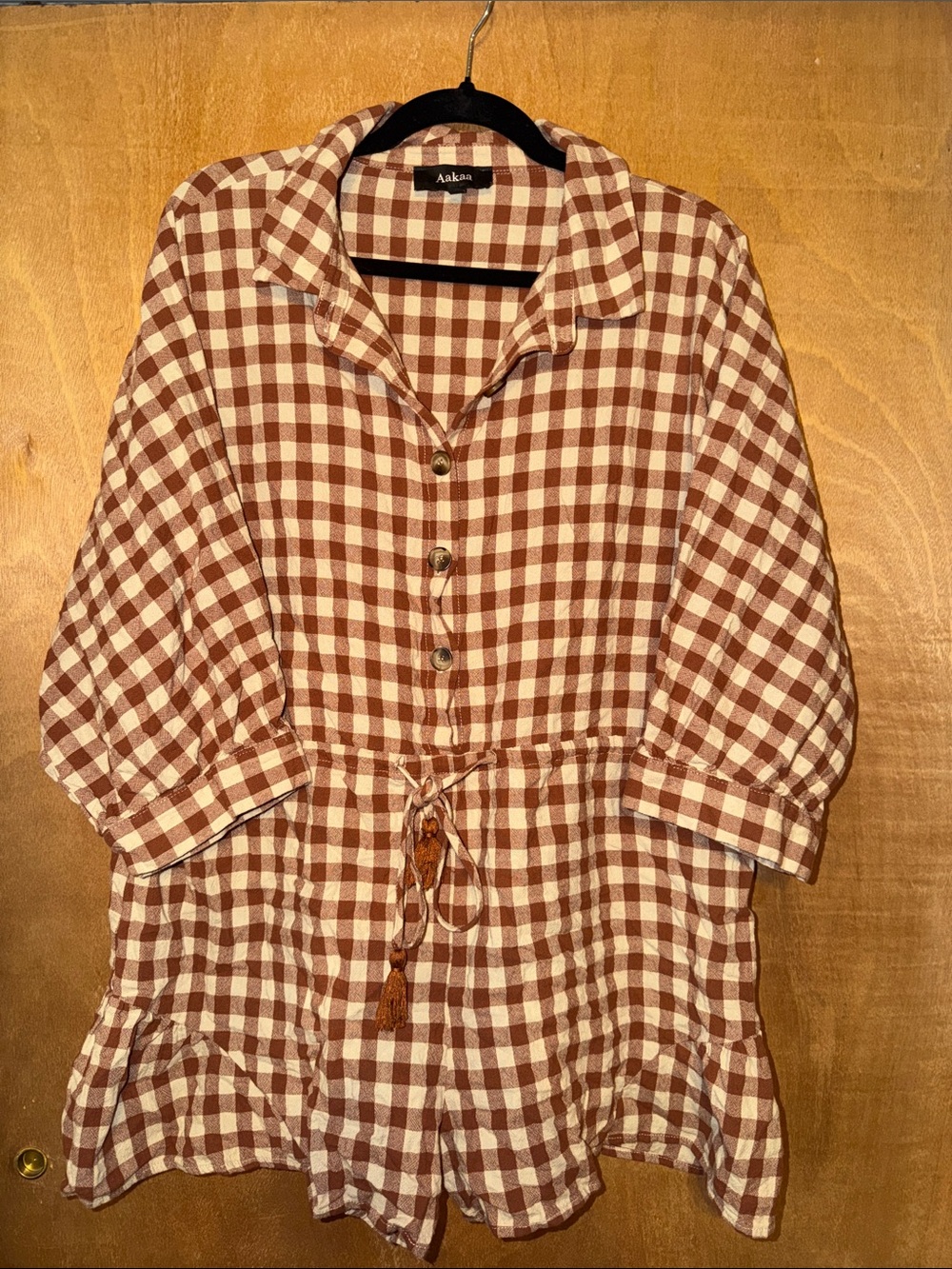 Aakaa Brown and Cream Gingham Button-Front Drawstring Tunic